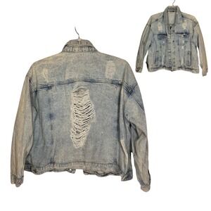 Distressed Fringe Acid Wash Oversized Denim Jean Jacket Womens 2x Oversized